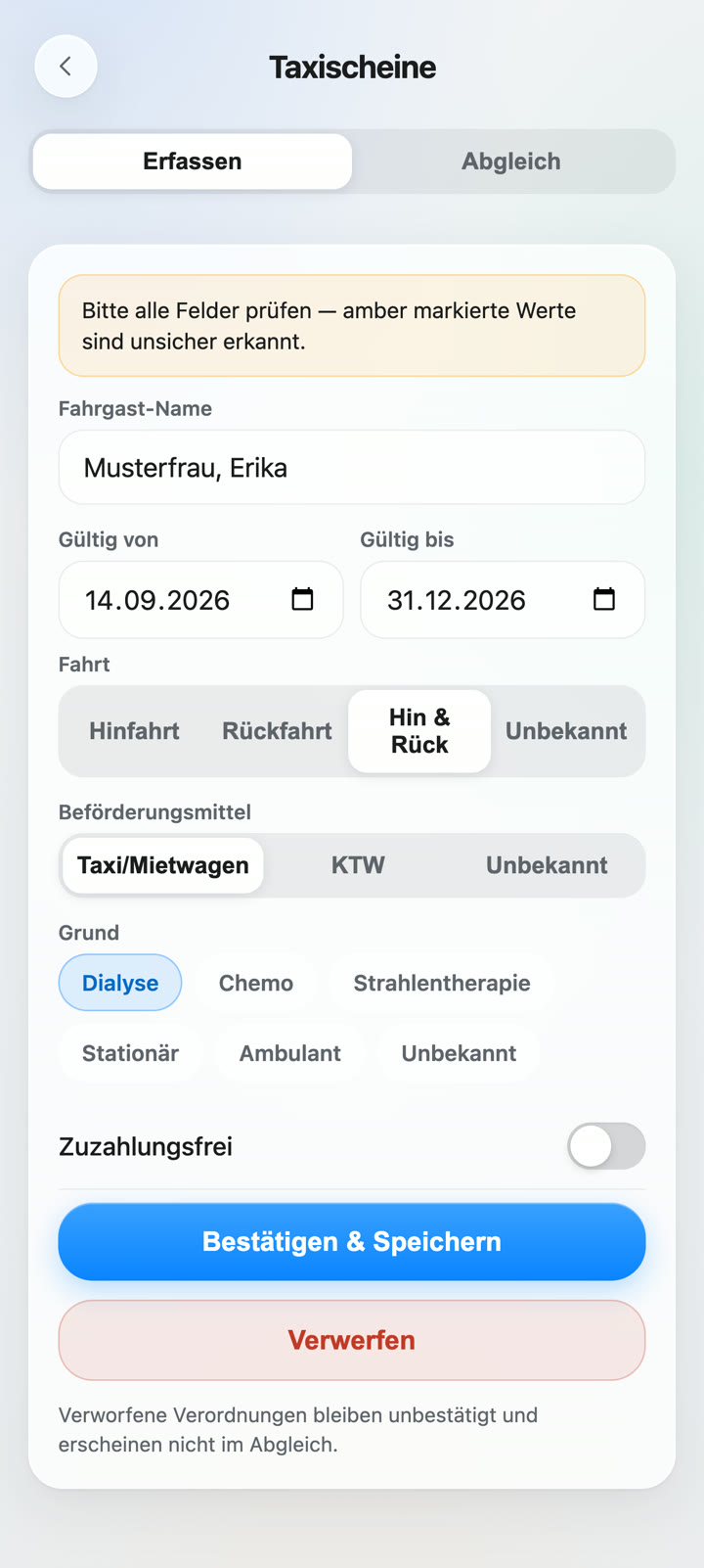 App: erkannte Angaben prüfen