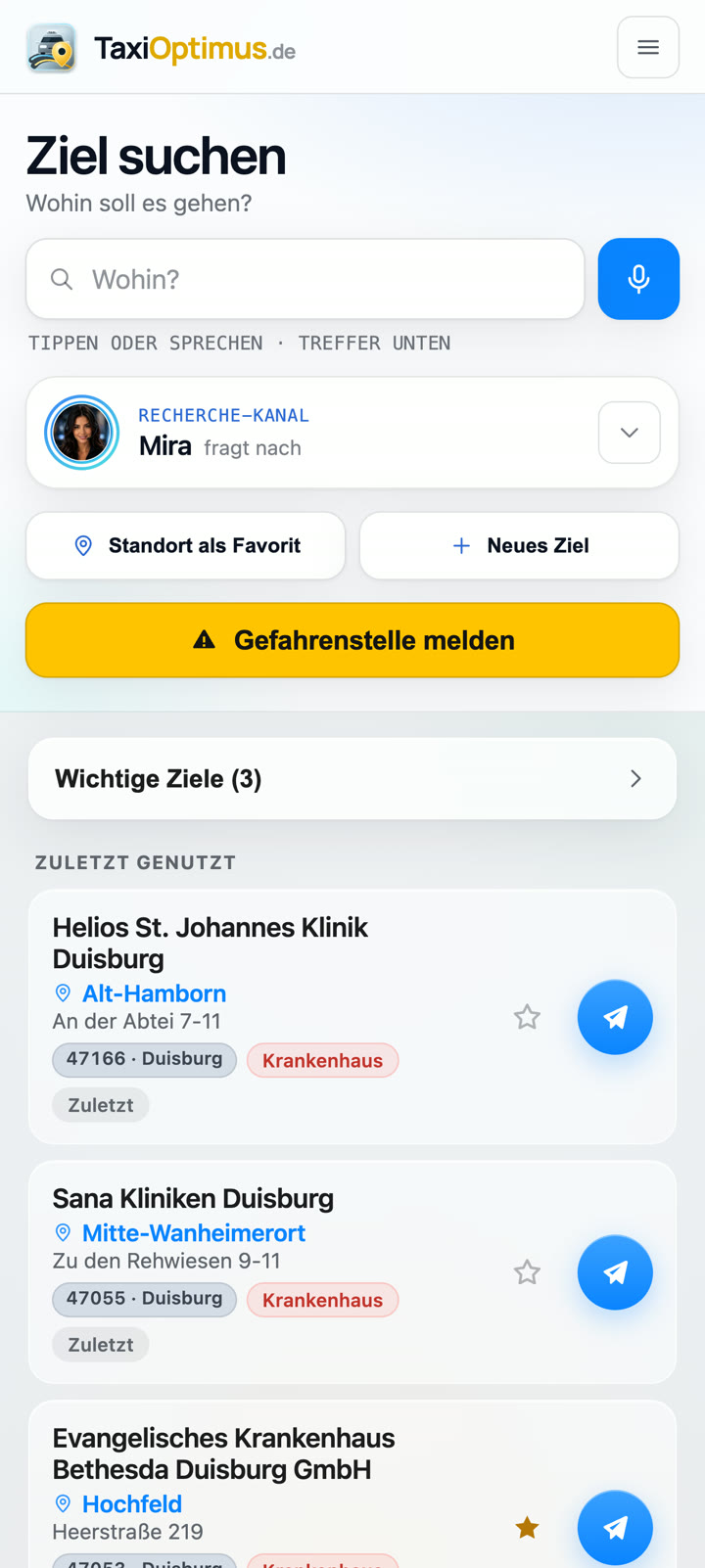 Startbildschirm der App mit Zielsuche, wichtigen Zielen und zuletzt genutzten Adressen