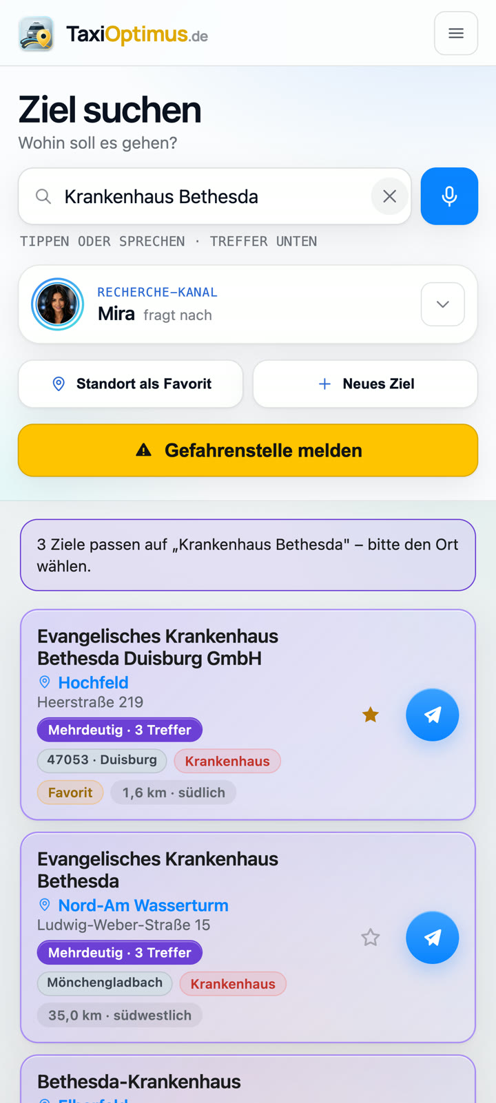 App-Suche „Krankenhaus Bethesda“ mit drei Treffern, jeder mit Ortsteil und Adresse