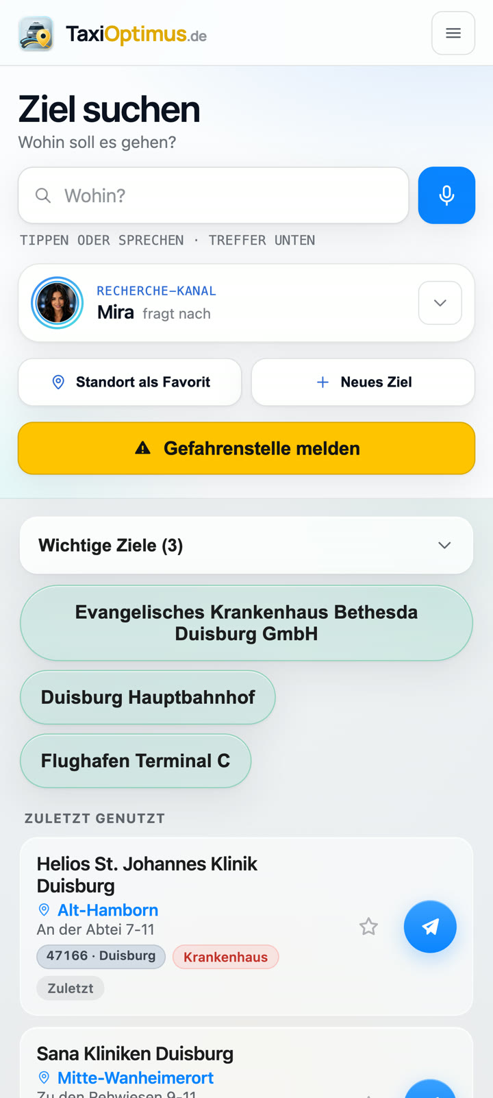App-Startseite: Wichtige Ziele aufgeklappt und Liste „Zuletzt genutzt“
