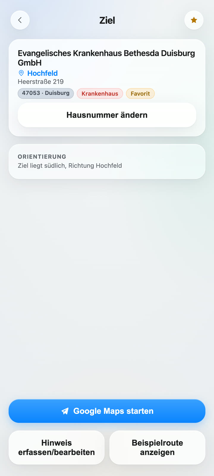 Zieldetail in der App: Evangelisches Krankenhaus Bethesda, Ortsteil Hochfeld, Orientierung und Google-Maps-Start