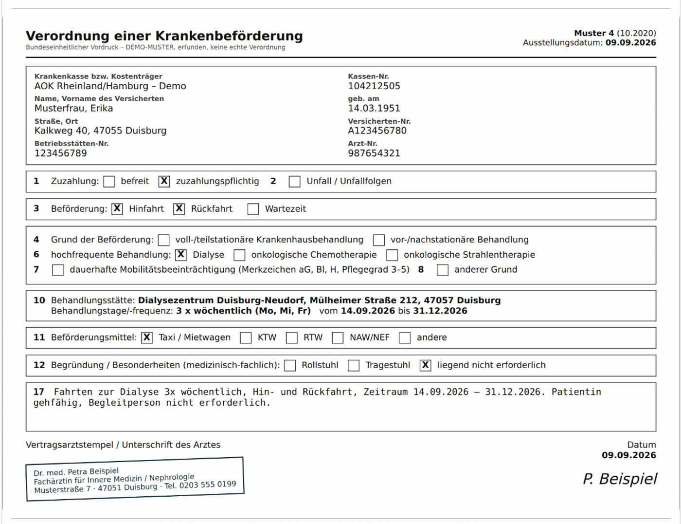 Firmenkonto: das Original der Verordnung (Muster 4) als Bild, mit Kasse, Versichertendaten, Hin- und Rückfahrt, Dialyse, Zeitraum 14.09.2026 bis 31.12.2026