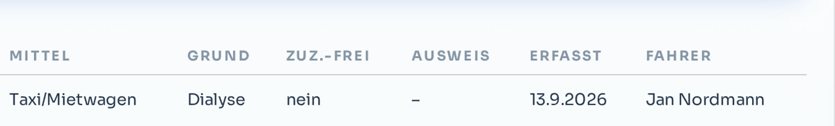 Firmenkonto, Trefferzeile rechts: Beförderungsmittel Taxi/Mietwagen, Grund Dialyse, Befreiungsstatus nein, erfasst am 13.09.2026 von Jan Nordmann